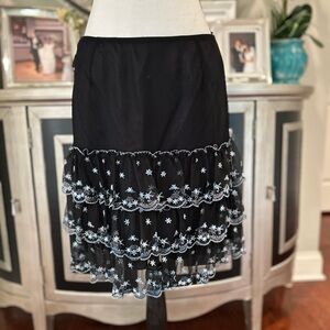 Anna Sui Black Tiered Lace Skirt with White Floral Embroidery